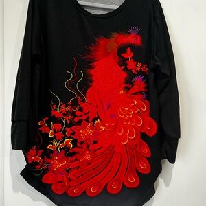 Elegant Black and Red Women's Top with Peacock and Floral Design - Fits Like M